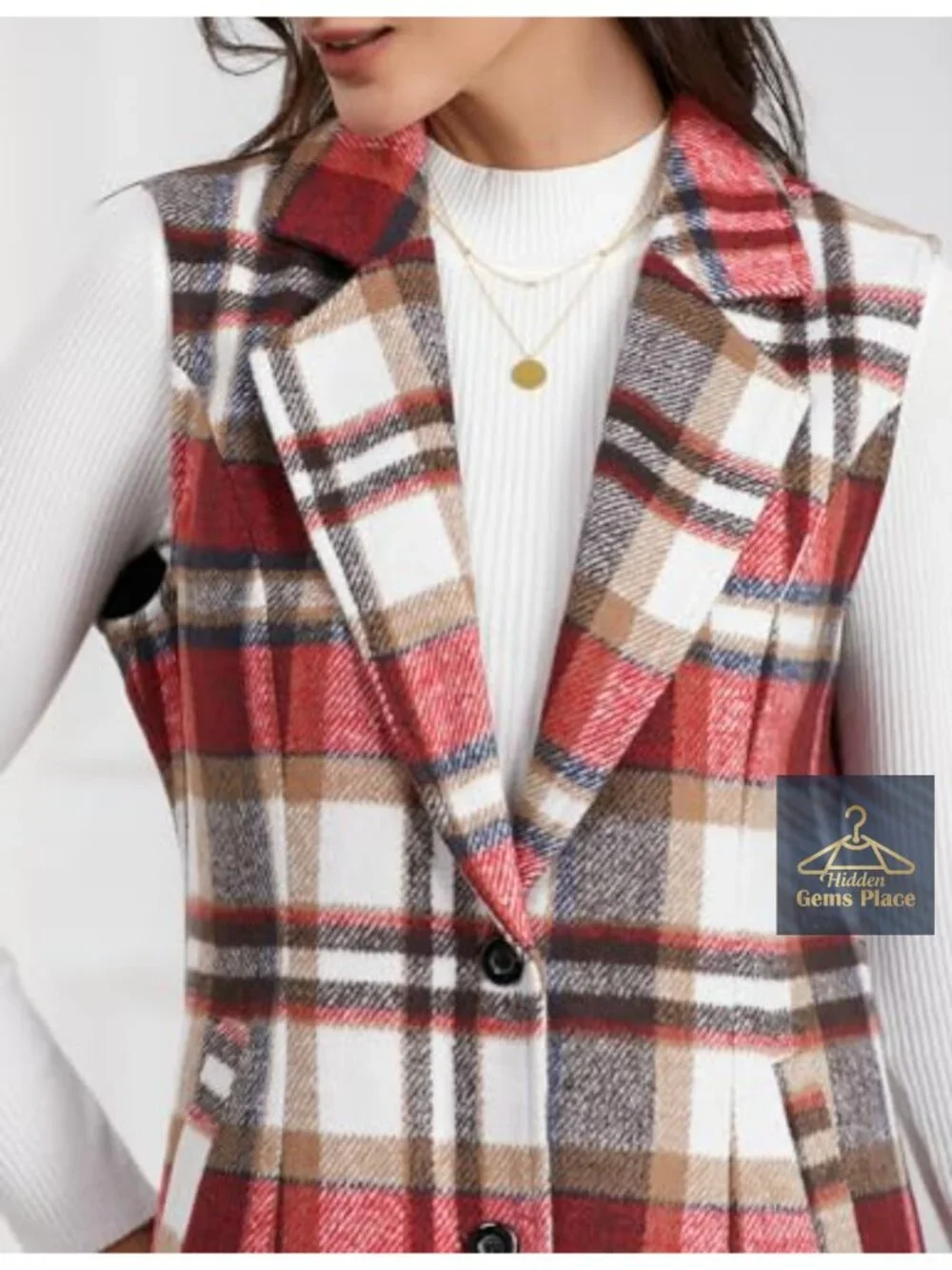 Wool Blend Plaid Sleeveless Vest Notch Lapel Casual Blazer Cardigan